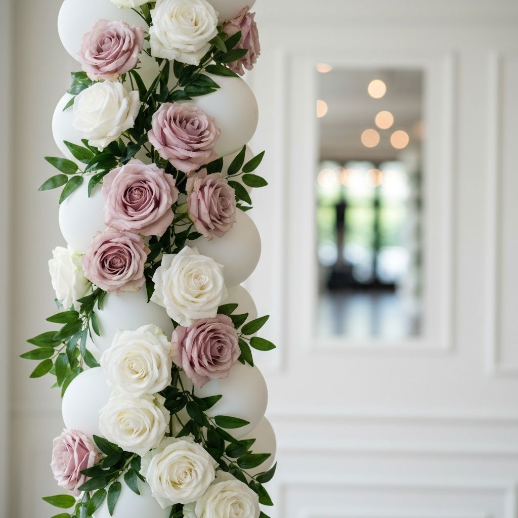 Elegante Ballonsäule mit Rosen & Grün